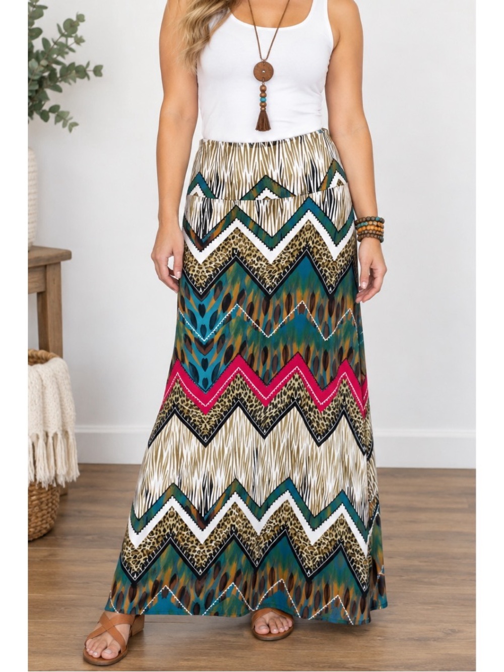 Moa brand Boho Animal Print/ Chevron Maxi Skirt- XL